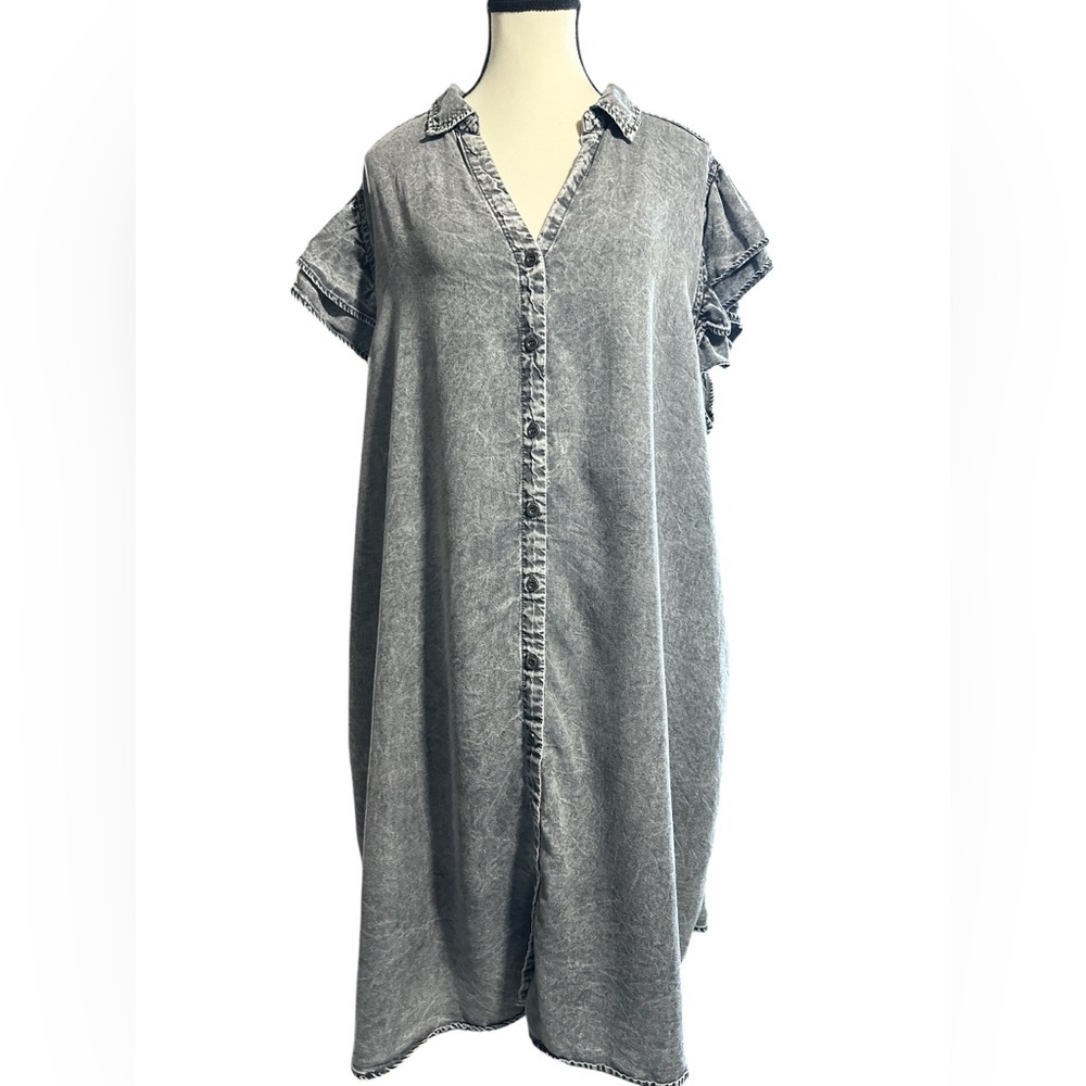 Gray Acid Washed 100% Lyocell Button-Down Midi Dress